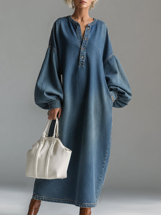 Elegant Blue Denim Button-Down Maxi Dress Relaxed Fit Urban Style
