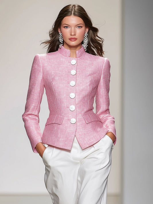 Elegant Pink Stand-up Collar Single-breasted Tweed Jacket for Women