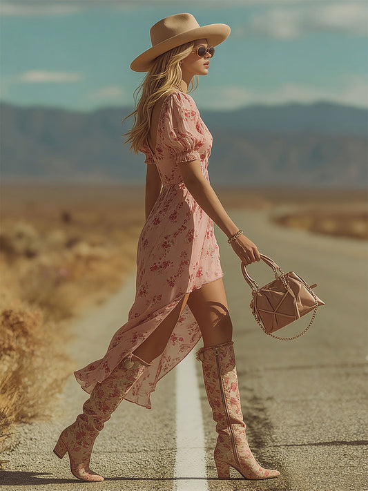 Retro Pink Floral Print V-Neck Chiffon Midi Dress for Women
