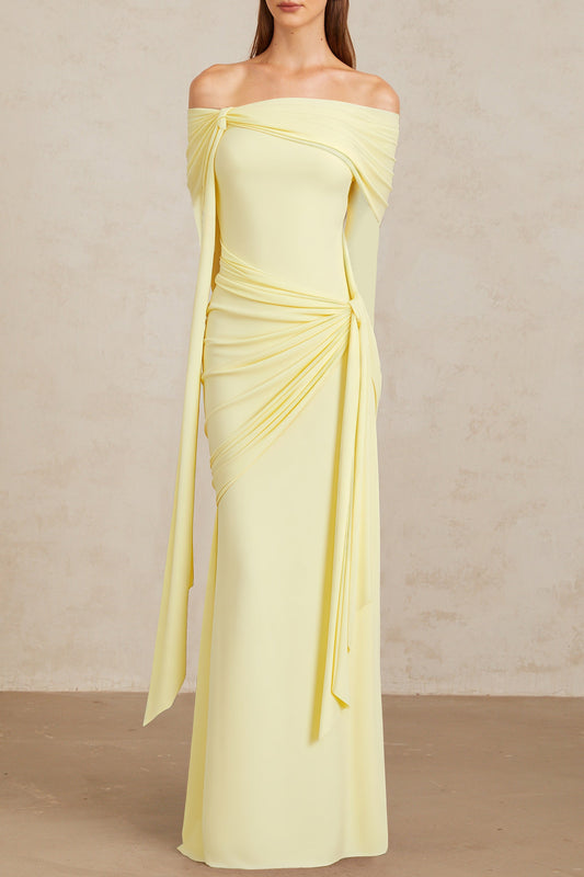 Elegant Light Yellow Off-Shoulder Asymmetrical Ruched Floor Length Gown