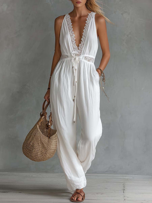 White Cotton-Linen Lace V-Neck Bohemian Jumpsuit for Summer Vacation