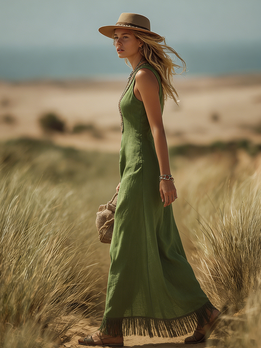 Bohemian V-Neck Sleeveless Embroidered Tassel Maxi Dress in Green