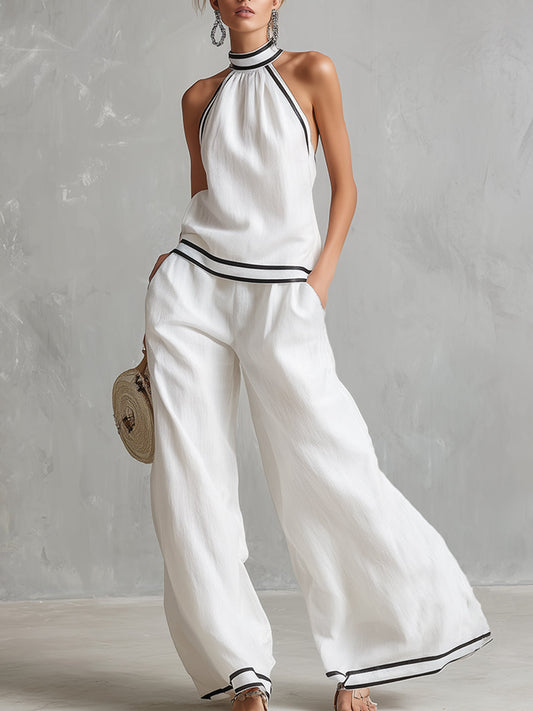 Elegant Minimalist Trimmed White Cotton Linen Halter Top Pants Set