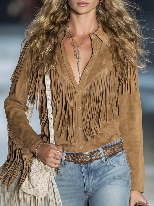 Women's Vintage Western Faux Suede Fringe Button Down Shirt