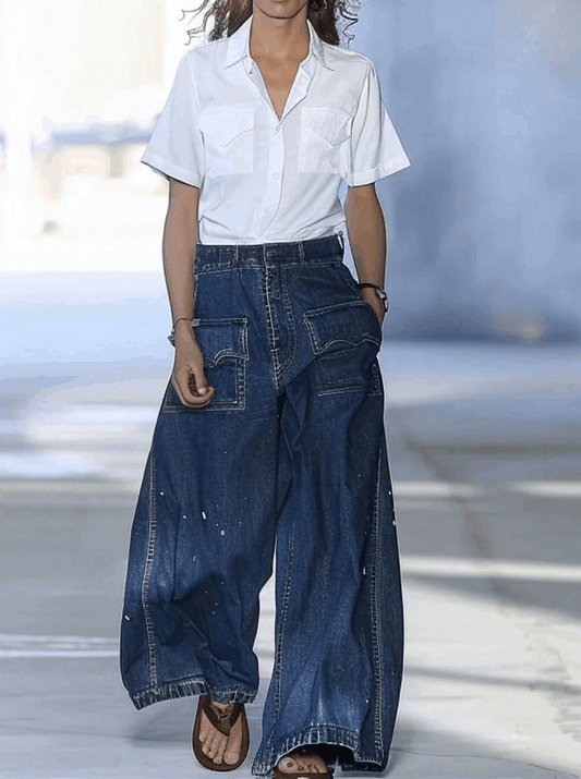 Casual Loose Graffiti Print Multi-Pocket Denim Jeans For Streetwear Style