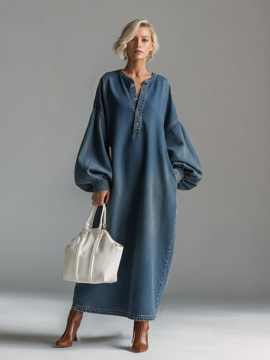 Elegant Blue Denim Button-Down Maxi Dress Relaxed Fit Urban Style