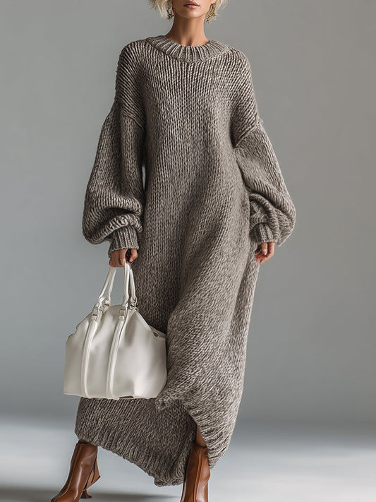 Heathered Knit Maxi Dress with Crew Neck and Urban Silhouette