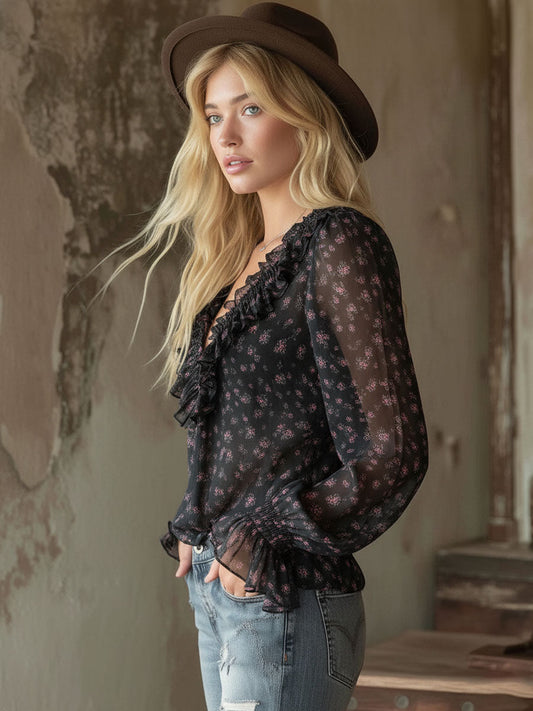 Navy Blue V-Neck Ruffled Floral Chiffon Long-Sleeved Women's Shirt