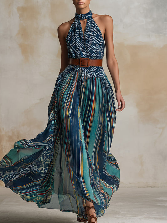 Vintage Ethnic Style Teal Abstract Chiffon Sleeveless Maxi Dress