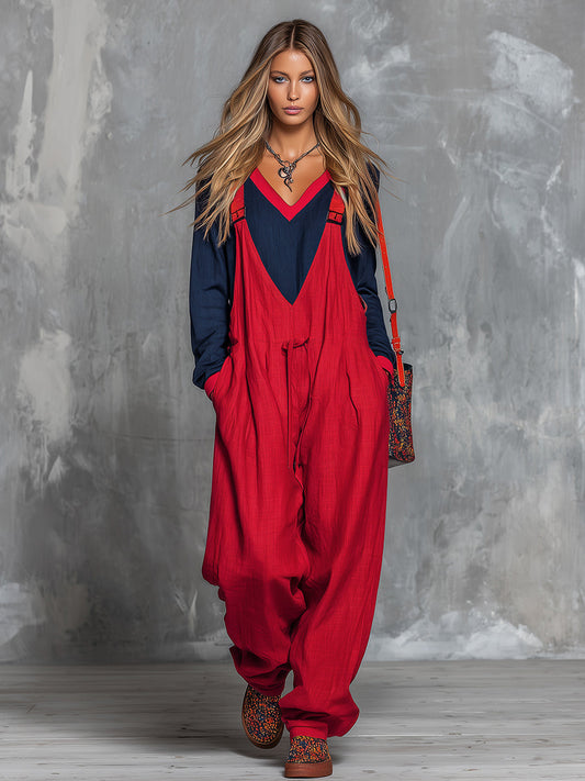 Retro Bohemian Color-Blocked Cotton Linen Top And Overalls Set