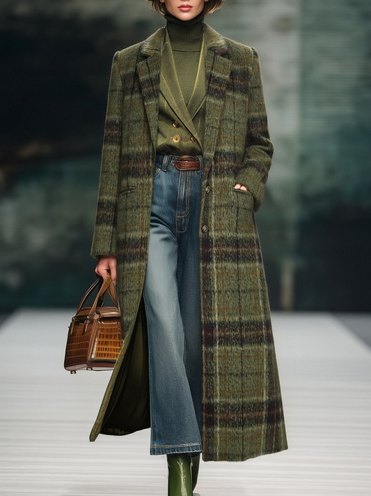 Women's Long Green Plaid Tweed Coat Vintage Style Wool Blend