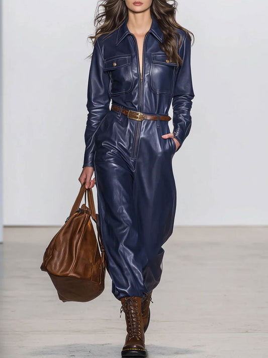Dark Blue Faux Leather Lace-Up Wide-Leg Jumpsuit Retro Style