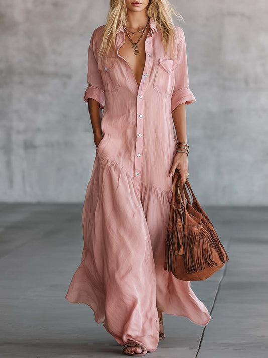 Pink Cotton Linen Western V-Neck Button Front Shirt Maxi Dress