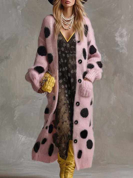 Pink Polka Dot Imitation Rabbit Fur Knitted Long Sleeve Cardigan