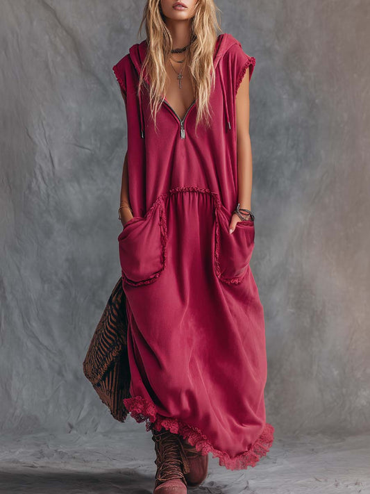 Vintage Sporty Hooded Sleeveless Cotton Maxi Dress with Lace Trim