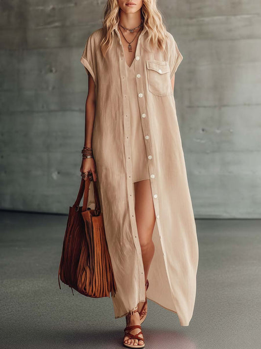 Pink Cotton Linen Camisole Mini Dress and Long Cover-Up Set