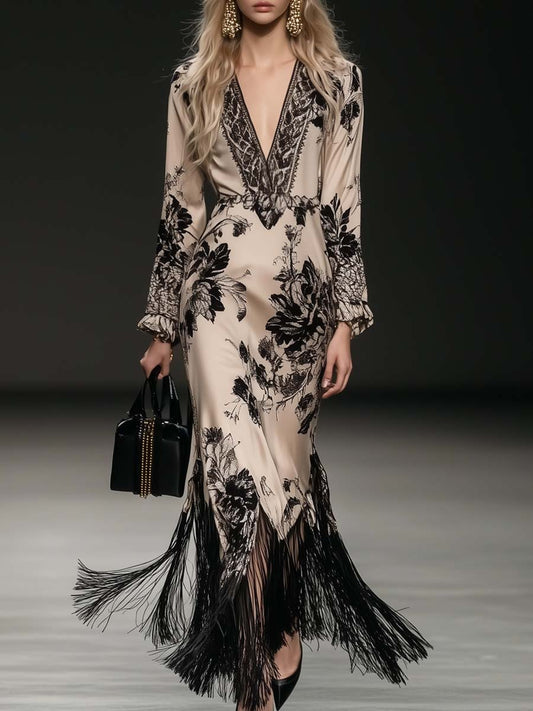Bohemian V-Neck Floral Satin Maxi Dress with Tassel Hem Detail