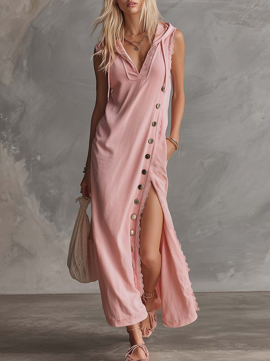 Elegant Retro Sporty Hooded V-neck Sleeveless Lace Trim Cotton Midi Dress