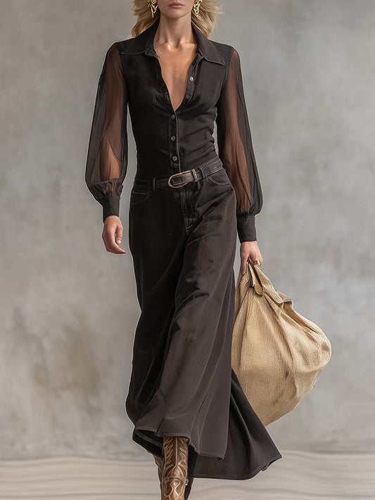 Vintage Western V-Neck Black Denim Maxi Dress With Sheer Sleeves