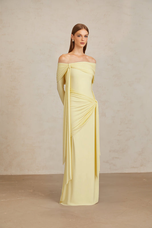 Elegant Light Yellow Off-Shoulder Asymmetrical Ruched Floor Length Gown