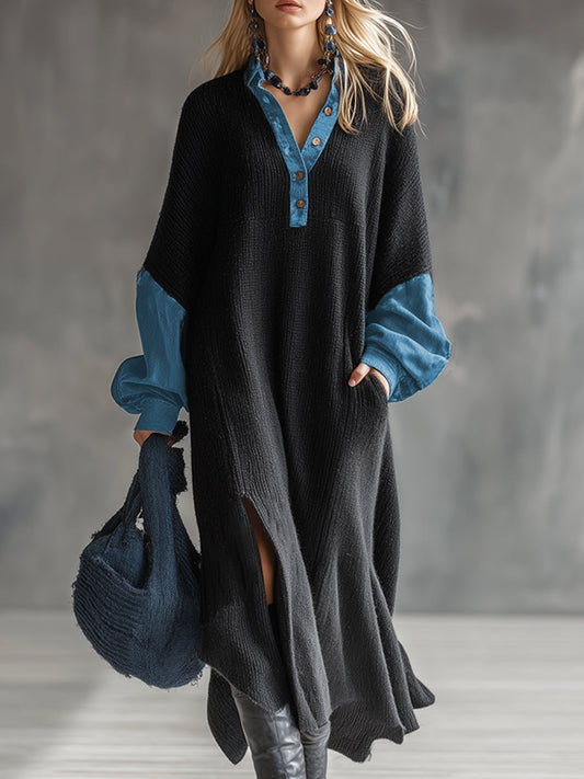 Elegant Black Knitted Maxi Dress With Stylish Denim Trim Accents