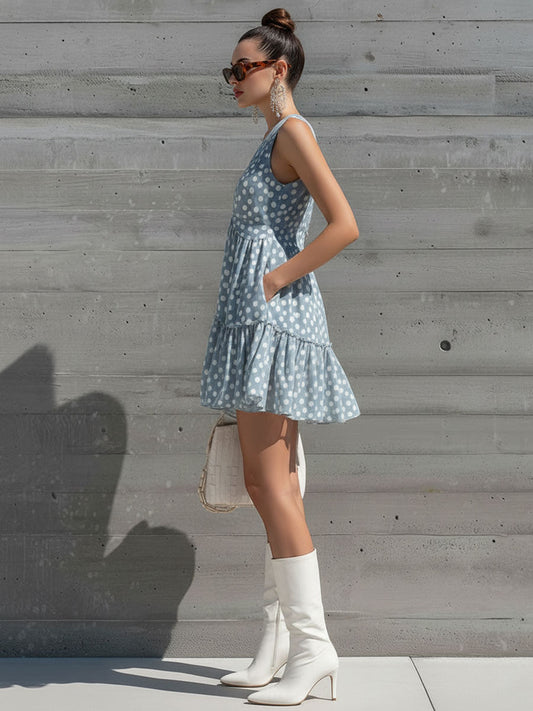Retro Polka Dot Chiffon Sleeveless Ruffle Mini Dress Gray Blue