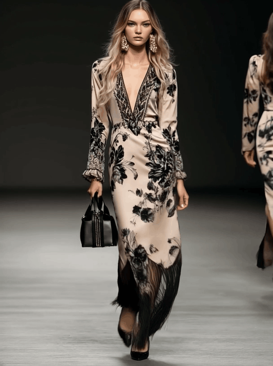 Bohemian V-Neck Floral Satin Maxi Dress with Tassel Hem Detail