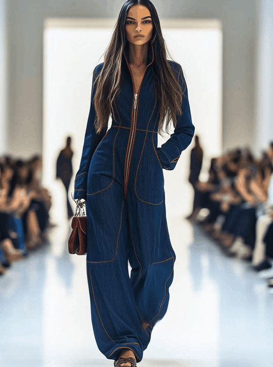 Oyrosy Women's Dark Blue Denim Wide Leg Long Sleeve Jumpsuit