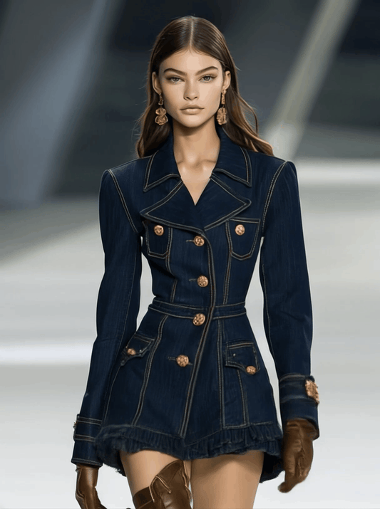 Classic Denim Mini Dress with Large Lapels and Ruffled Hem