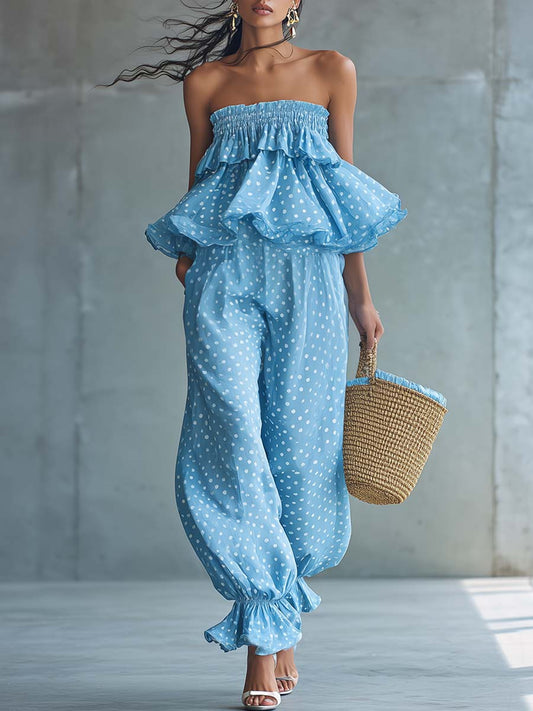 Light Blue Polka-Dot Chiffon Strapless Ruffled Hem Wide-Leg Jumpsuit