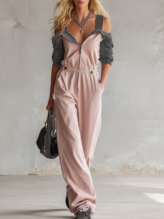 Stylish Color-Blocked Striped Long Sleeve Pink Cotton Women's Jumpsuit