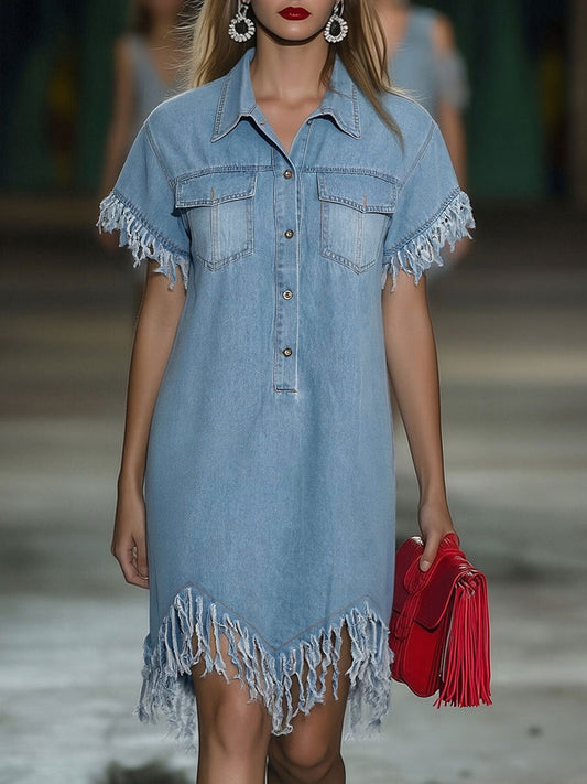 Oyrosy Women's Vintage Denim Short Sleeve Tassel Mini Shirt Dress