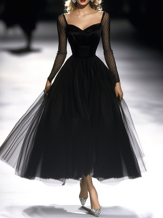 Retro Classic French Black Gauze Maxi Dress for Elegant Evenings
