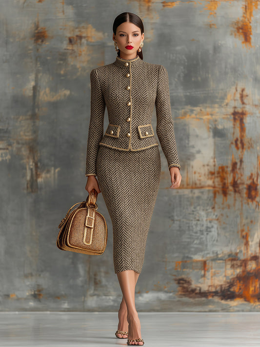 Vintage Herringbone Gold Trim Stand Collar Jacket Skirt Set