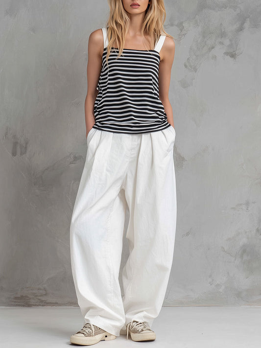 Black and White Striped Sleeveless Top and Trouser Set