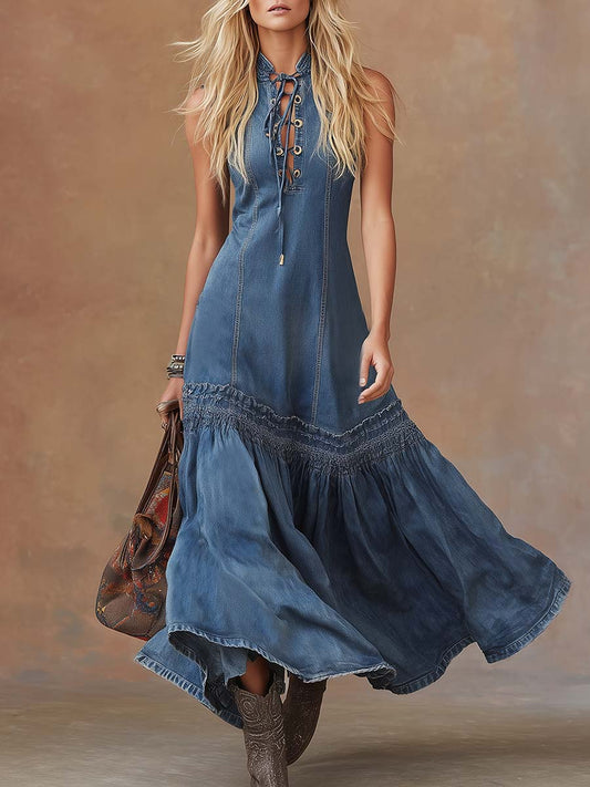 Vintage Western Blue Denim Sleeveless Tie-Neck Bubble Hem Maxi Dress