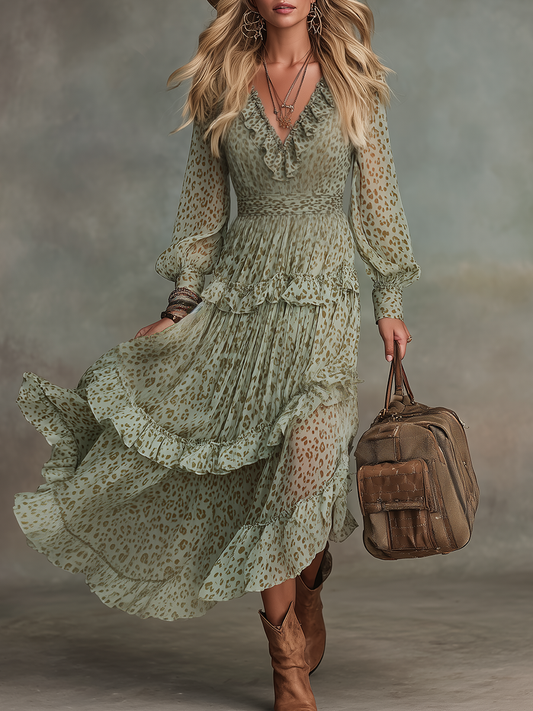 Vintage Leopard Print Chiffon Midi Dress with Elegant Ruffled V-Neck