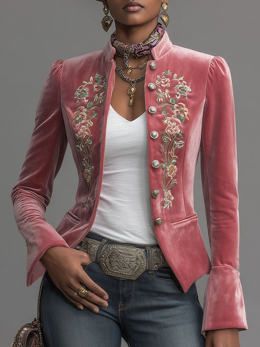 Embroidered Floral Velvet Western Jacket with Stand Collar