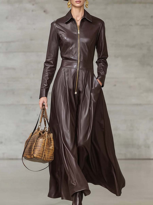 Premium Brown Faux Leather Long Sleeve Front Zipper Maxi Dress
