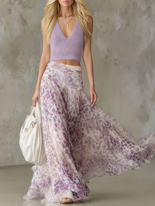 Purple Sleeveless Knit Top and Leopard Print Chiffon Skirt Set