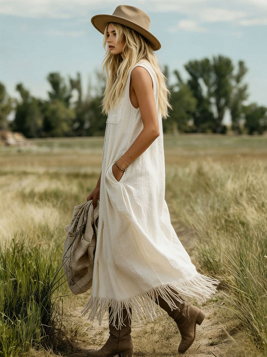 Beige Cotton Linen Collared Sleeveless Maxi Dress With Fringe Detail