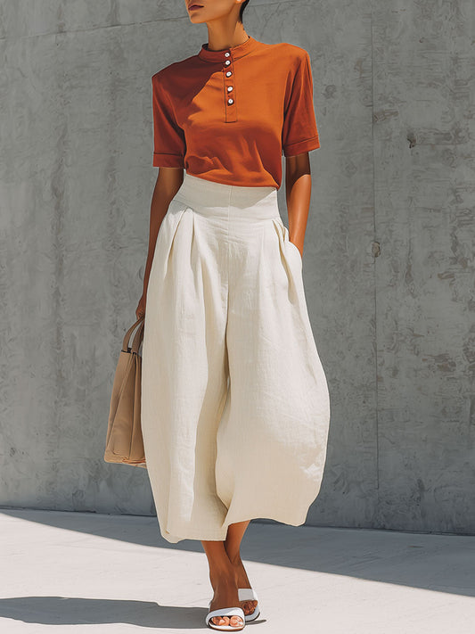 Casual Retro Orange Cotton Short-Sleeve T-Shirt And Linen Capri Set