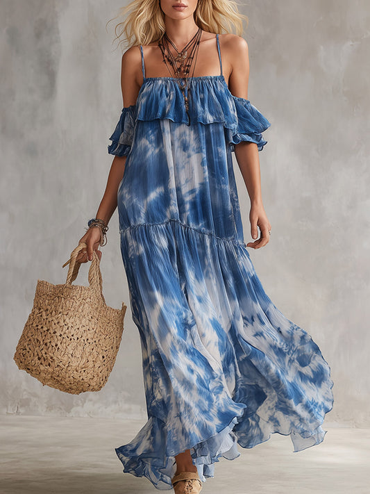 Blue Tie-Dye Chiffon Off-Shoulder Maxi Dress With Spaghetti Straps