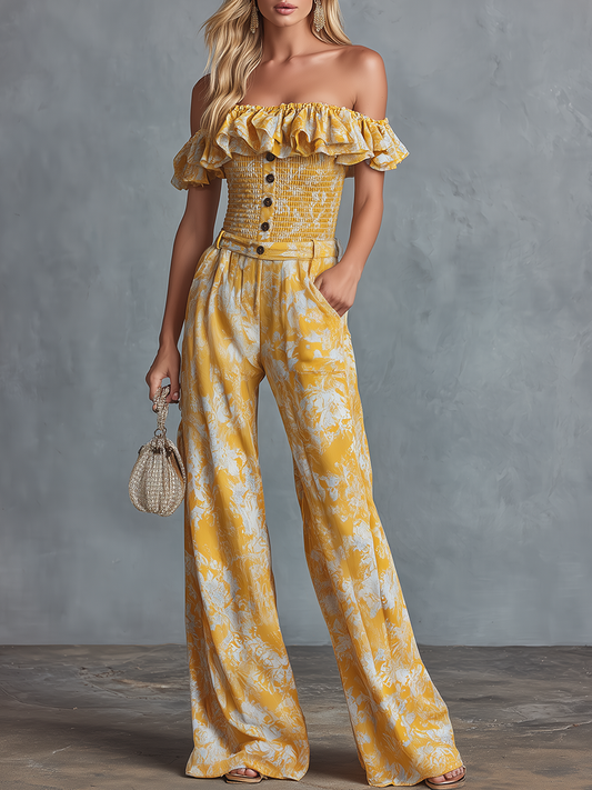 Stylish Off-Shoulder Ruffled Top and Printed Chiffon Trousers Set