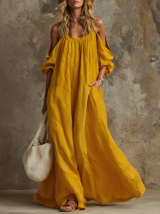 Loose Fitting Orange Cotton Linen Off Shoulder Maxi Dress