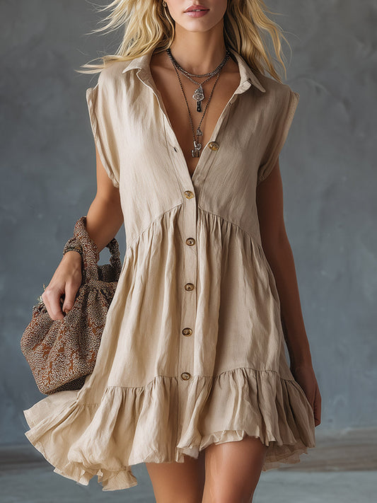 Chic Apricot Cotton-Linen Wide-Shoulder Sleeveless Mini Dress for Summer