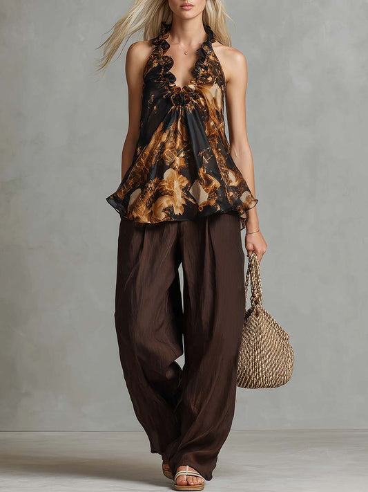 Vintage Print Chiffon Ruffled V-Neck Top And Linen Pants Set