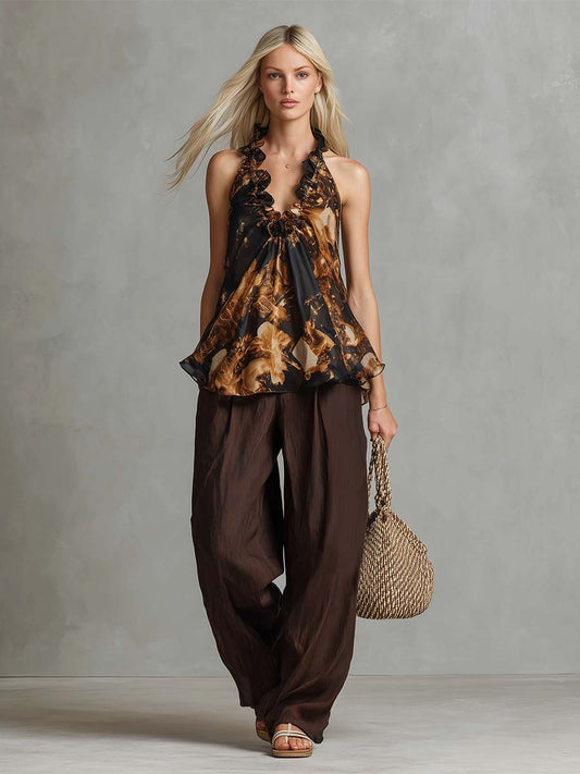 Vintage Print Chiffon Ruffled V-Neck Top And Linen Pants Set