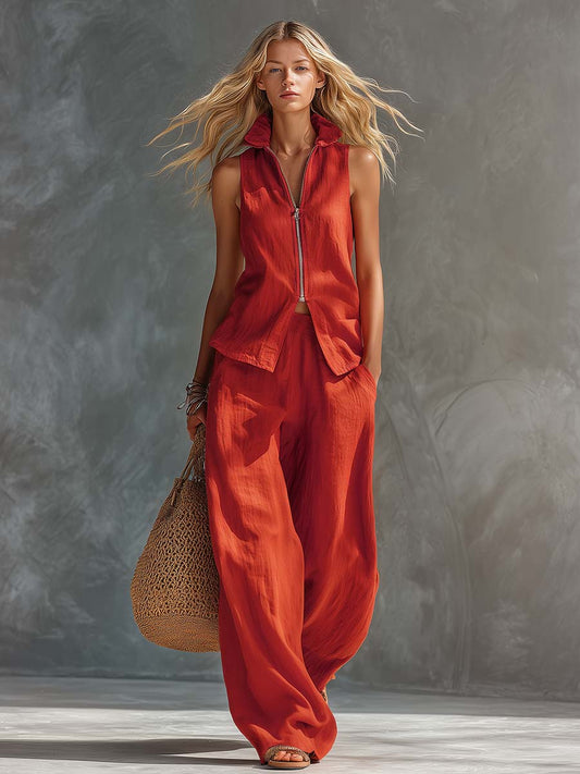 Sunset Red Cotton Linen Sleeveless Zip-Front Top and Pants Set