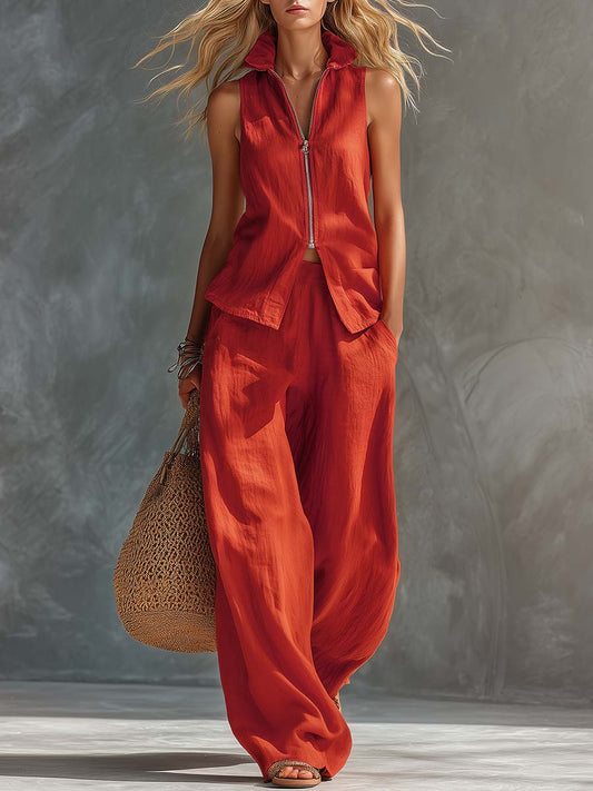 Sunset Red Cotton Linen Sleeveless Zip-Front Top and Pants Set